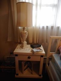 Mid Century White Mahogany Occasional Table with Drawer (2). White Porcelain Table Lamps, Germany Silk Shade 