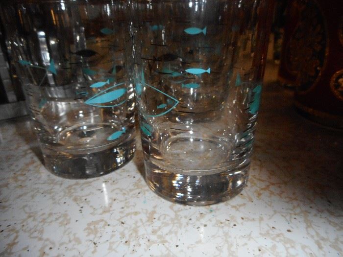 Mid Century Fish Silver Rim Juice Glasses