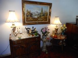 Thomasville Hand Carved Serving Cart. Italian Hand Painted Table Lamps (sold as pair) Silk Shades, 