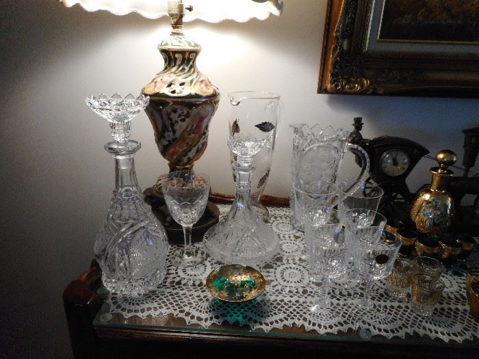 Cut Crystal Decanters, Stemware. Italian Hand Painted Glass Decor