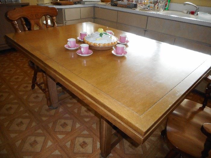 Mid Century 2 Leaf Kitchen, Dining Table. Double Cut Out Pedestal 