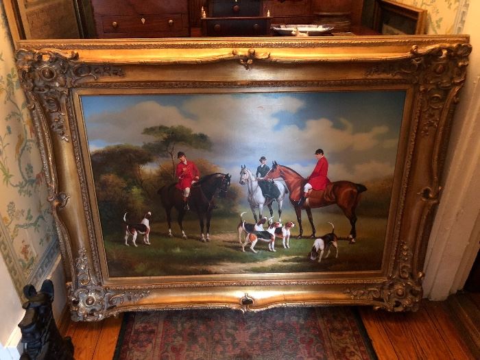 Oil on canvas, equestrian fox hunt, magnificent piece