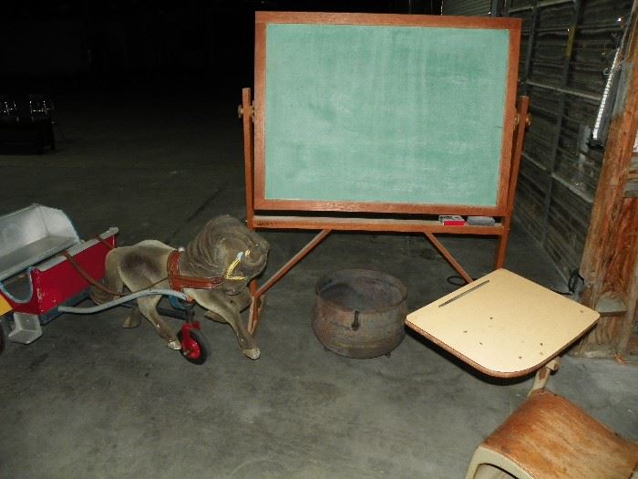 Herschel Parrish Pony Cart, Cauldron,  Vintage Chalk Board, School Desk