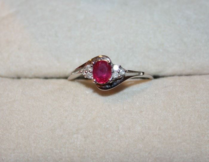 14K White Gold, Diamond, and Ruby Ring