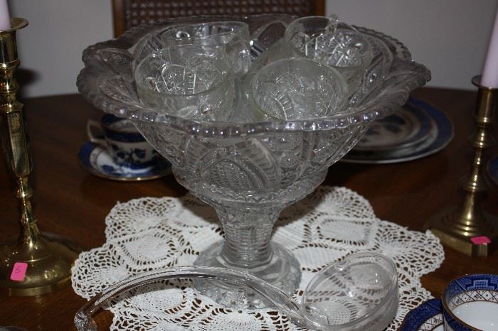 Heavy Cut Glass Punch Bowl set with Glass Ladle