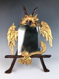 Carved wood Gilt Dragon with Glass Eye easel mirror