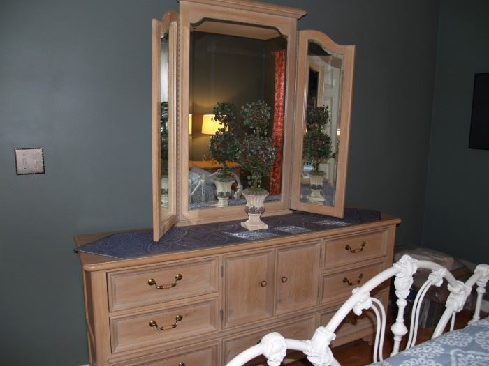 Bleached wood triple dresser with attached mirror.  Impressions by Thomasville.