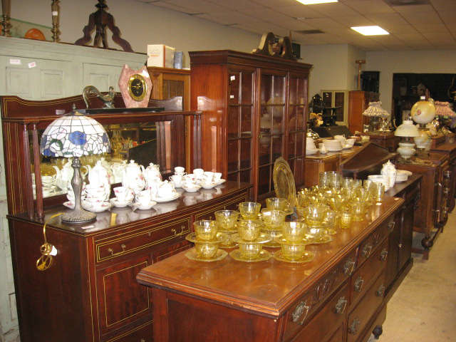 Furniture galore, depression glass, sets of china,