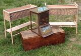 Heywood Wakefield wicker planters, old Granite State potato chips store counter display showcase,