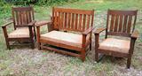 3 piece Mission oak parlor set including two seater loveseat, rocker, arm chair. Stickley? Limbert?