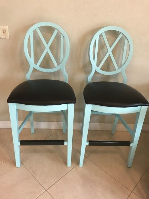 Hand painted, newly upholstered, High, Cross Back, Bar Stools (Set of 2)