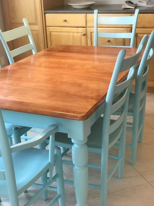 Dining room Farmhouse Leg Table, (2 leaf, 4 Ladderback Chairs, 2 Ladderback Side Chairs. Comfortably seats up to six. Remove 2 leaf and 2 chairs and enjoy a more compact table that sits four. 