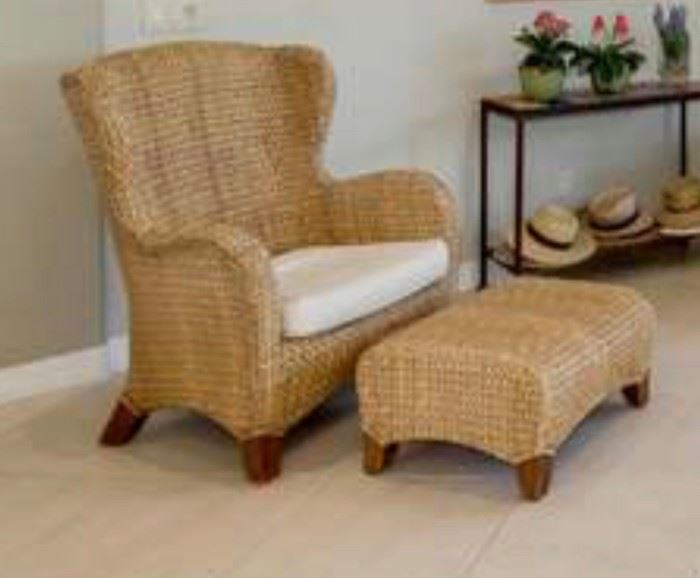 2 Seagrass Wingback Armchairs, 2 Cushion &  2 Ottomans. Incredibly durable, rich honey seagrass.