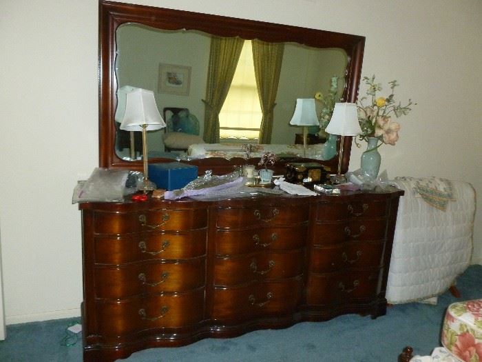 Vintage Mahogany serpentine front triple dresser & mirror