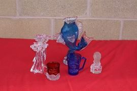 Collection of Old & Vintage Glass to Include: Blue Shirley Temple Glass, 1901 Ruby  Flash Glass, Hand Blown Glass Fish Vase & Crystal Lion Paper Weight