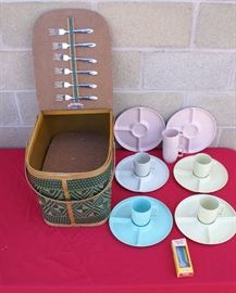 C.1960's Era Wicker Picnic Basket with Early Plastic Plates & Cups