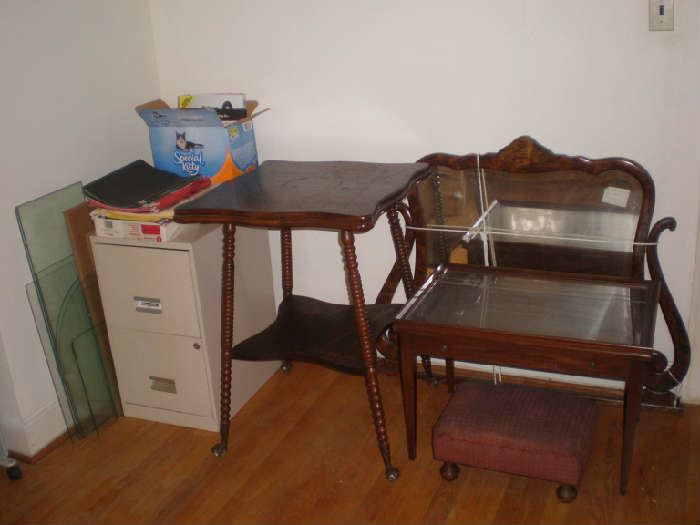 2 drawer file cabinet and files, parlor table, coffee table, small stool, dresser mirror, plate glass.