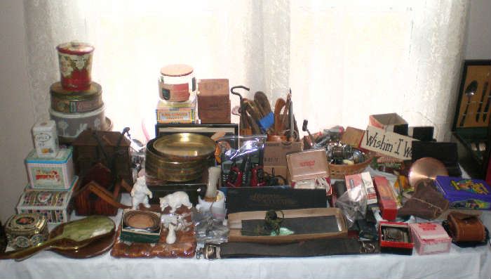 Tins, hand mirrors, shaing items, cigar boxes, fishing reels, matches, walkie talkies, shoe forms and stretchers, and more.