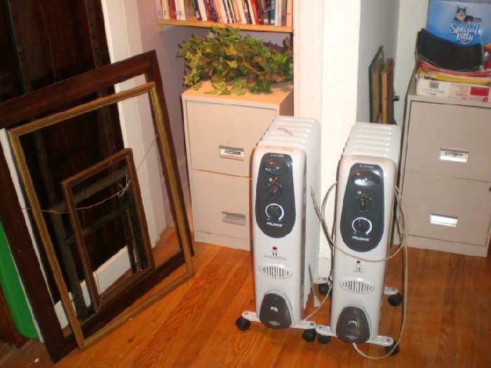 Electric heaters, frames, two two drawer file cabinets.