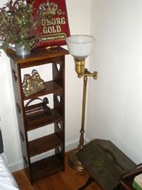 Beer sign, 5 shelf heart shelf, lower swing arm floor lamp, wood sewing box.