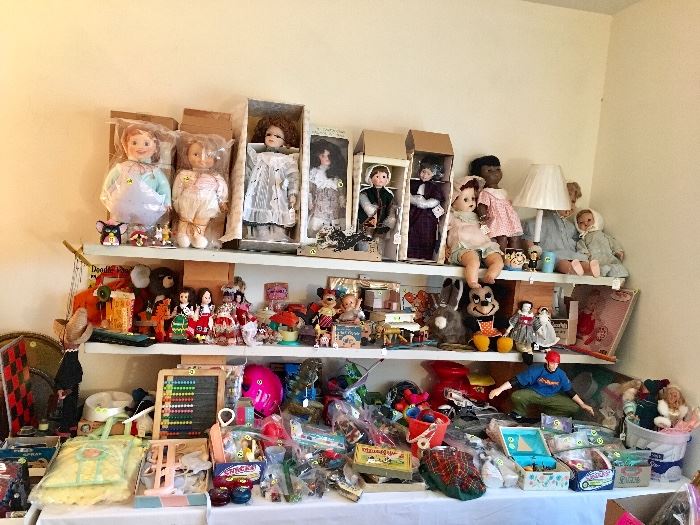 Dolls, old and new in box, Barbie dolls, yo-yos, games, puzzles, case tractor, action figures, viewmaster and much more!