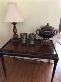 Quaint side table, lamp, candle holders, urn