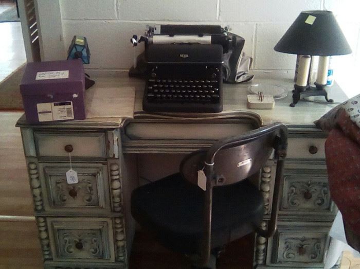 Desk painted a shade of blue, vintage Royal typewriter, (sold), mid century metal office lamp, vintage office chair