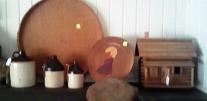 primitive jugs,  table top handmade log cabin