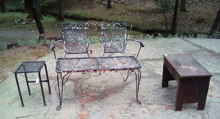 vintage metal outdoor table, setee, wood bench