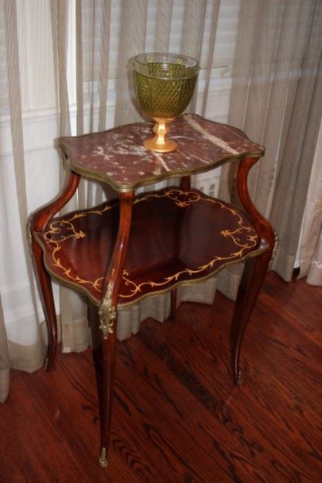 Stenciled Occasional Table with Marble Top and Decorative 