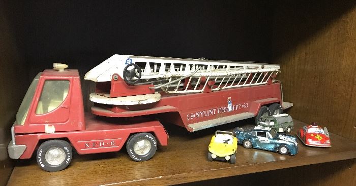 Vintage toy fire truck, wind up car, toy cars.
