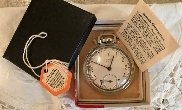 Vintage Westclox pocket watch in original box with tags. 