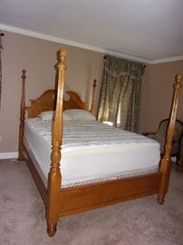 Oak queen four post bed with queen mattress and box springs