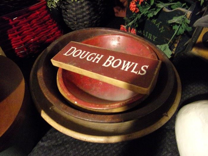 Many vintage dough bowls