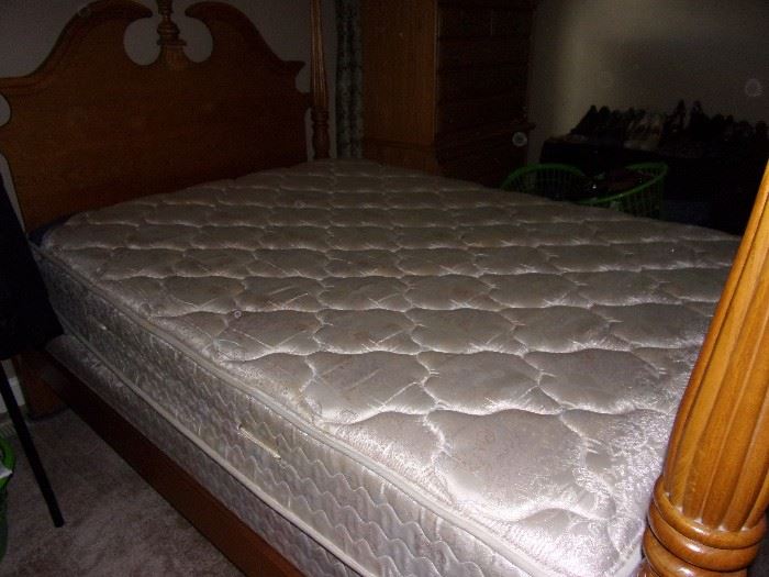 Queen four post bed and queen mattress and box springs
