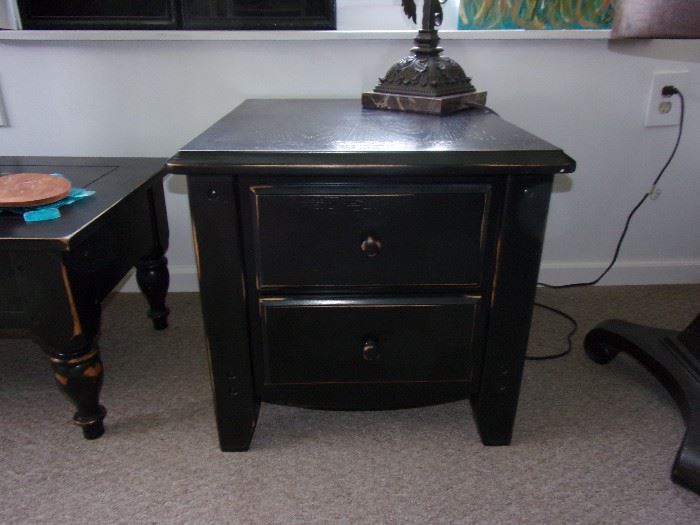 Two end tables with black distressed finish, 2 drawers 