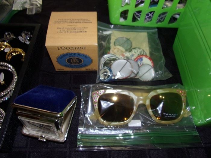 Bulova travel alarm clock, Tahari sunglasses, vintage presidential pins