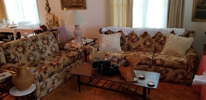 floral sofa ( hide a bed), mid century coffee table