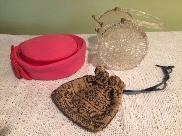 vintage hat, acrylic purse, and beaded bag