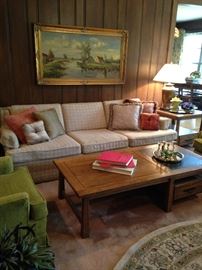 Vintage sofa and avocado chairs; Ranch Oak coffee table and end tables