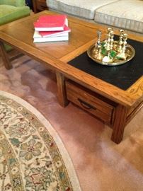 Unique Ranch Oak coffee table manufactured in Ft. Worth, Texas; brass candle sticks
