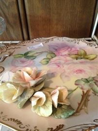 Hand painted rose plate; porcelain flowers