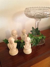 Vintage musician busts; glass compote