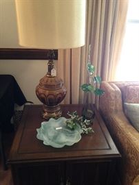 One of two matching end tables and one of two matching lamps