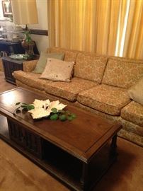 Vintage 4-cushion sofa; long rectangular coffee table