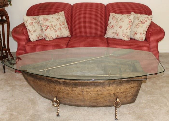 Klaussener Red Plaid Sofa (1 of 2 shown) and a very unique Glass Top Boat Coffee Table, complete with Paddles(63"L x 36"W x 21" H)