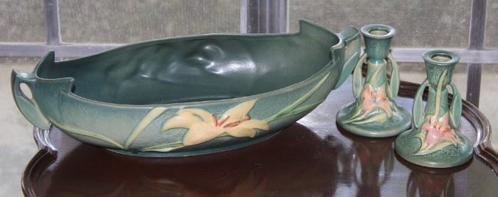 Roseville Pottery  "Zephyr Lily"  Oval Handled Console Bowl in Bermuda Blue and Pair of Candle Sticks