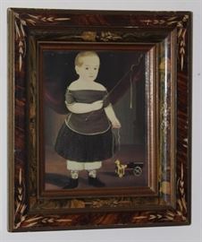 Antique Incised Carved Antique (8 x 10) Frame c.1870-1880 with Folk Art Print of Boy with Fishing Pole and Pull Toy by American Folk Artist William Matthew Prior (1806-1873)