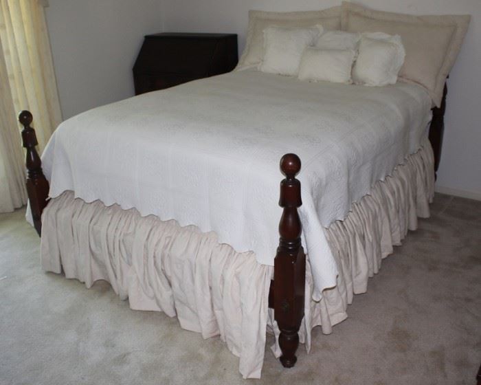 Vintage Rope Style Cannonball Bed Fitted with a Sealy Posterpedic Celestial Super Plush Foam Comfort Full Mattress Set.  Shown with a Matelassé White Comforter and Custom made Dust Ruffle and Matching Pillow Shams 