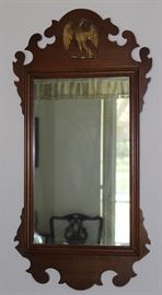 Adams Furniture Shop Old Marblehead Massachusetts Vintage Chippendale Style Scroll Work Wood Framed Mirror w/Eagle Mount. Mirror (13 1/2"  x 22") Overall (16 3/4" x 33")